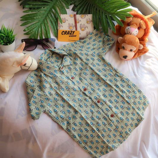 Pastel Green Motifs Half Sleeve Kids Shirt : SALE