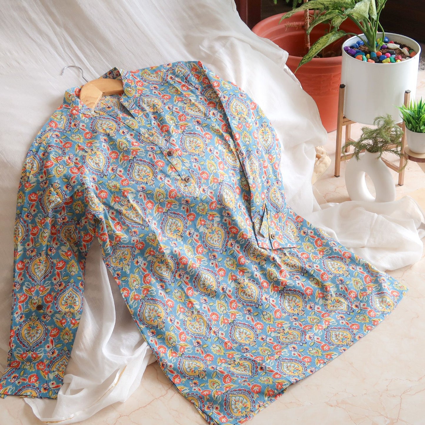 Blooming Light Blue Cotton Short Kurti with Floral Delight"
