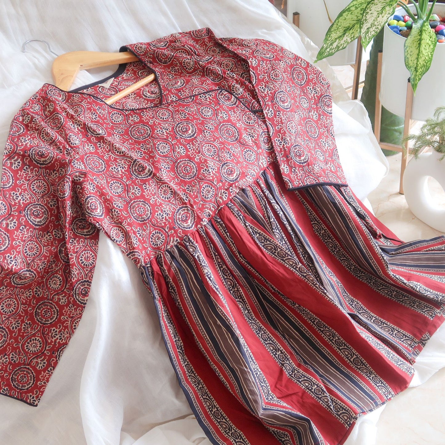 Red Angrakhaa Neck Style Short Kurti with Frock-Style Bottom