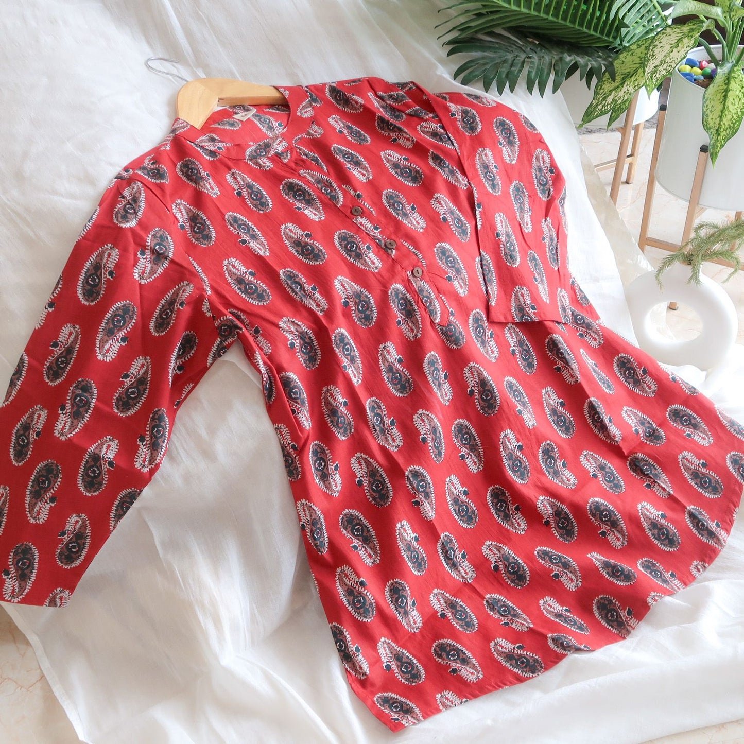 Red Cotton Short Kurti with Intricate Black Booties