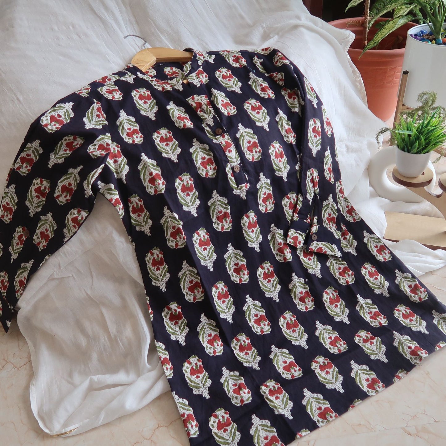 Scarlet Blossom: Black Cotton Kurti with Floral Print