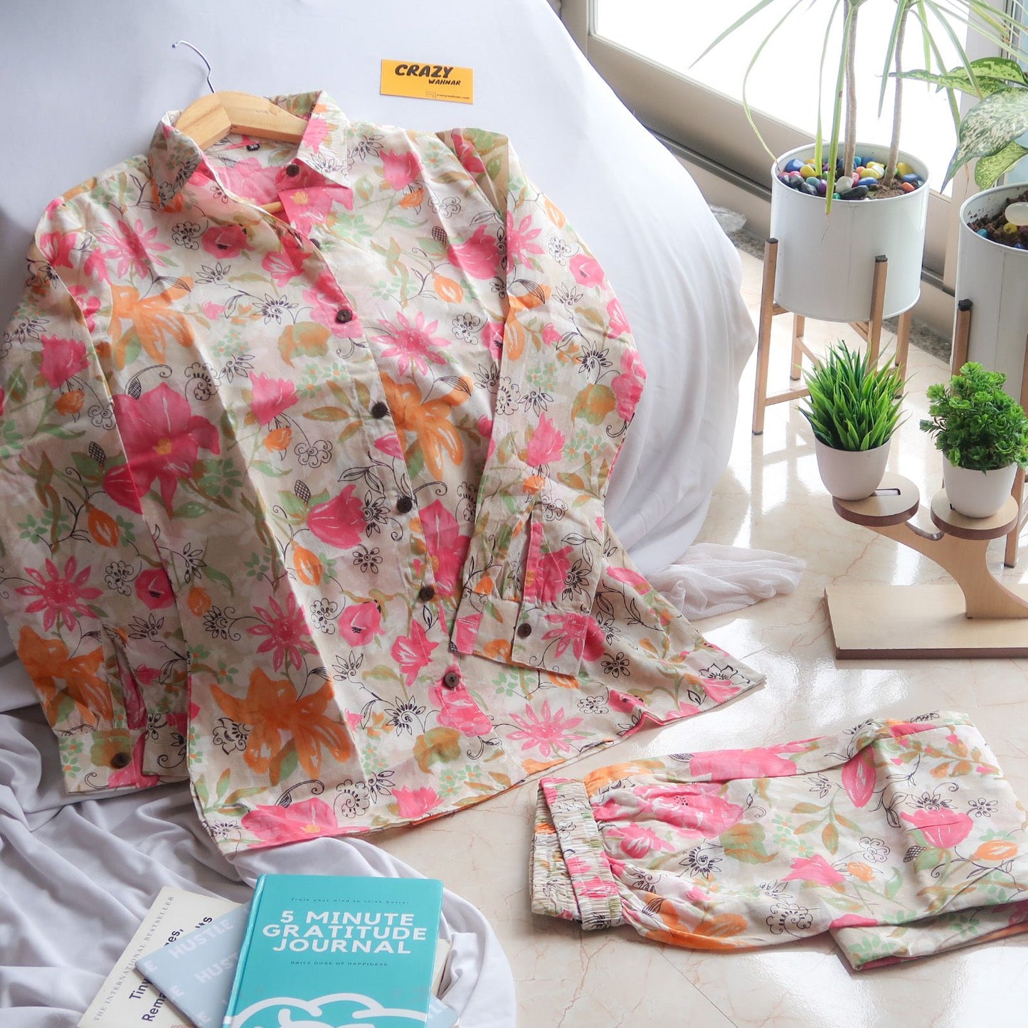 Blossom Dreams: Off-White Floral Co-ord Set with Pink and Orange Petals