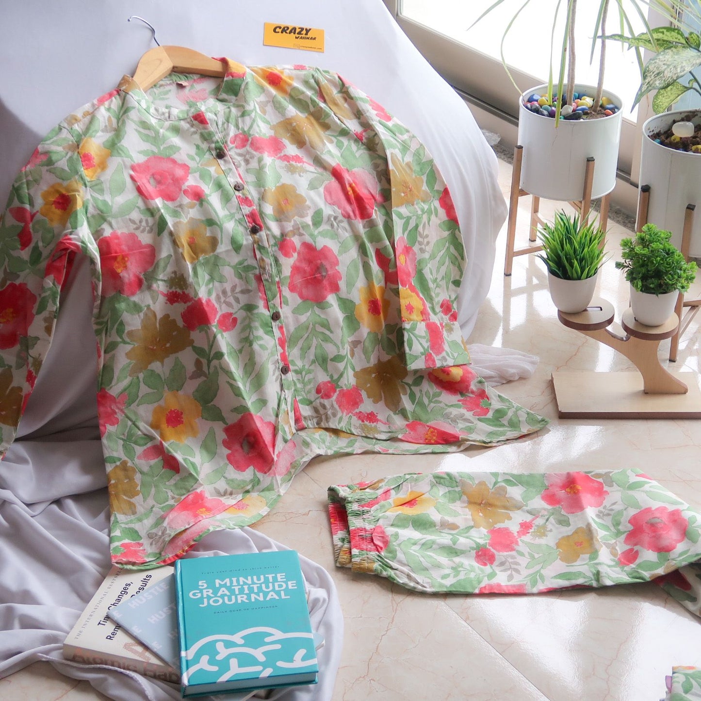 Floral Harmony: Off-White Co-ord Cotton Set with Red and Green Blooms