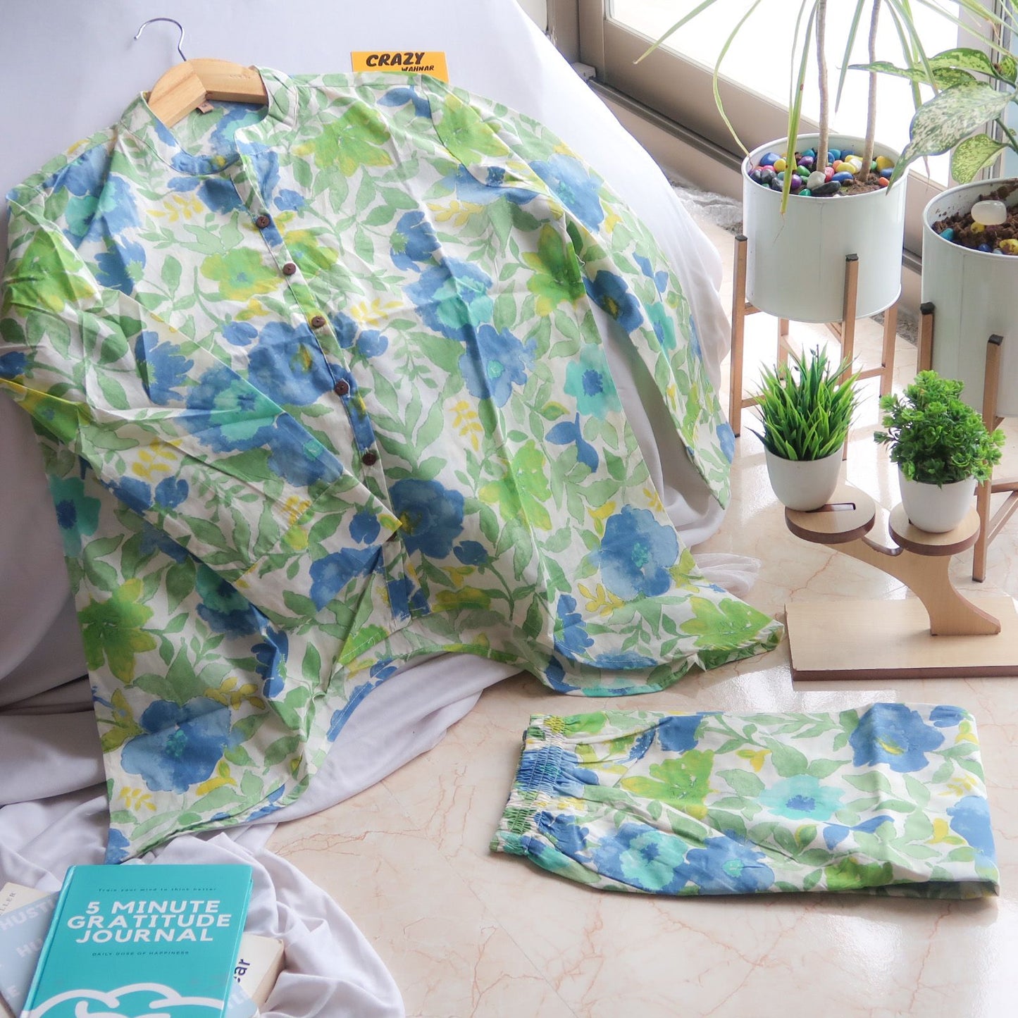 Floral Serenity: White Co-ord Set with Blue and Green Blossoms