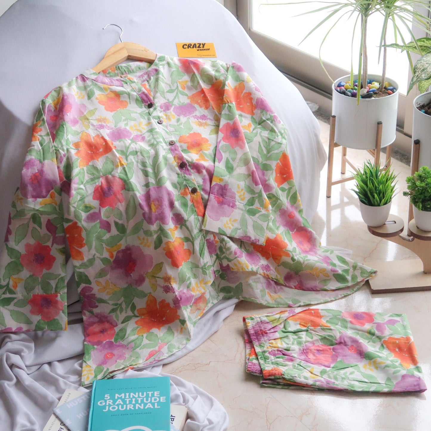 Meadow Blooms: Off-White Floral Co-ord Set with Purple and Sunset Flowers