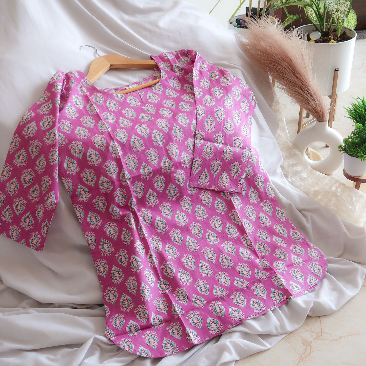 Pink Blossom Hand Block Short Kurti