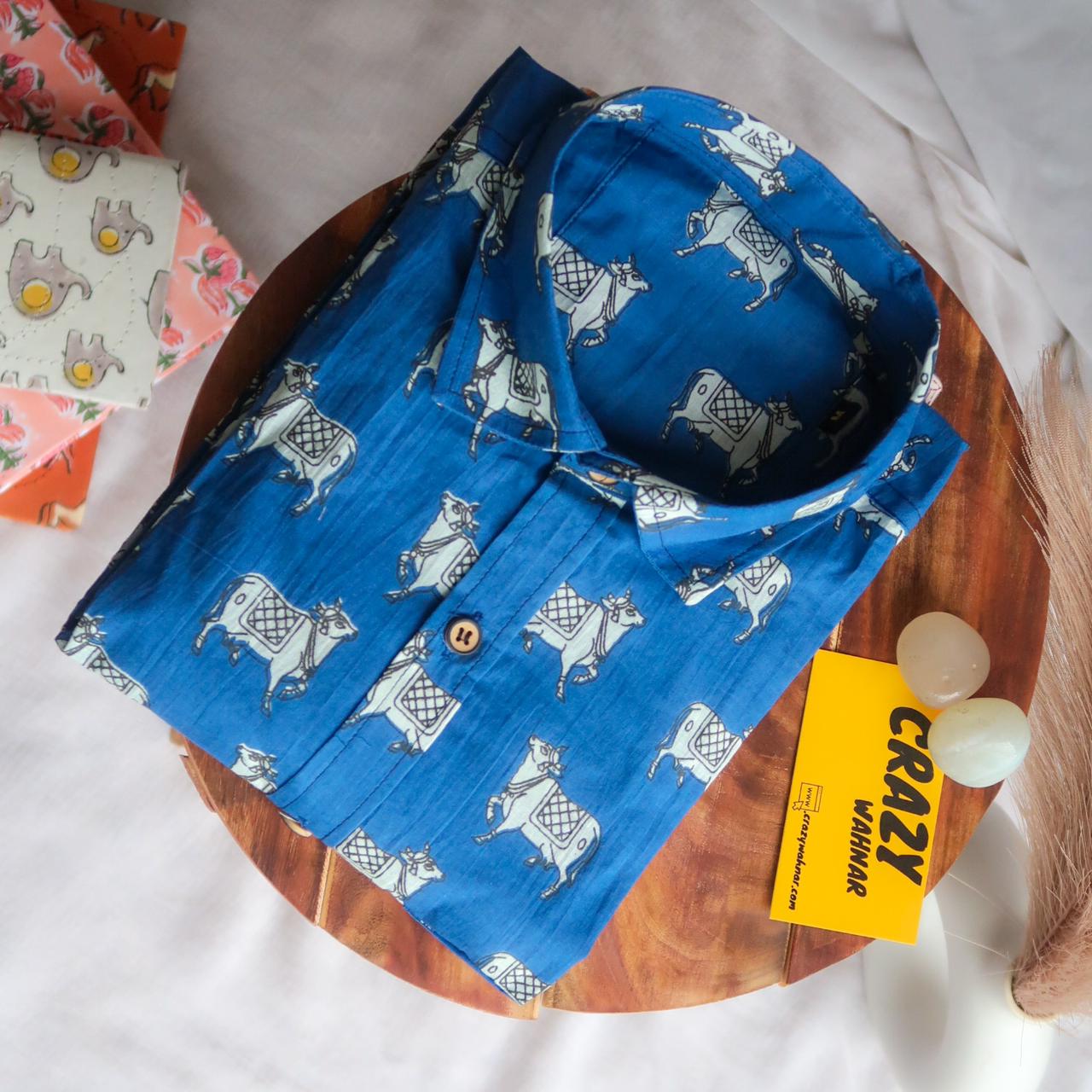 Dark Blue Shirt with White Traditional Oxen Short Sleeve Shirt