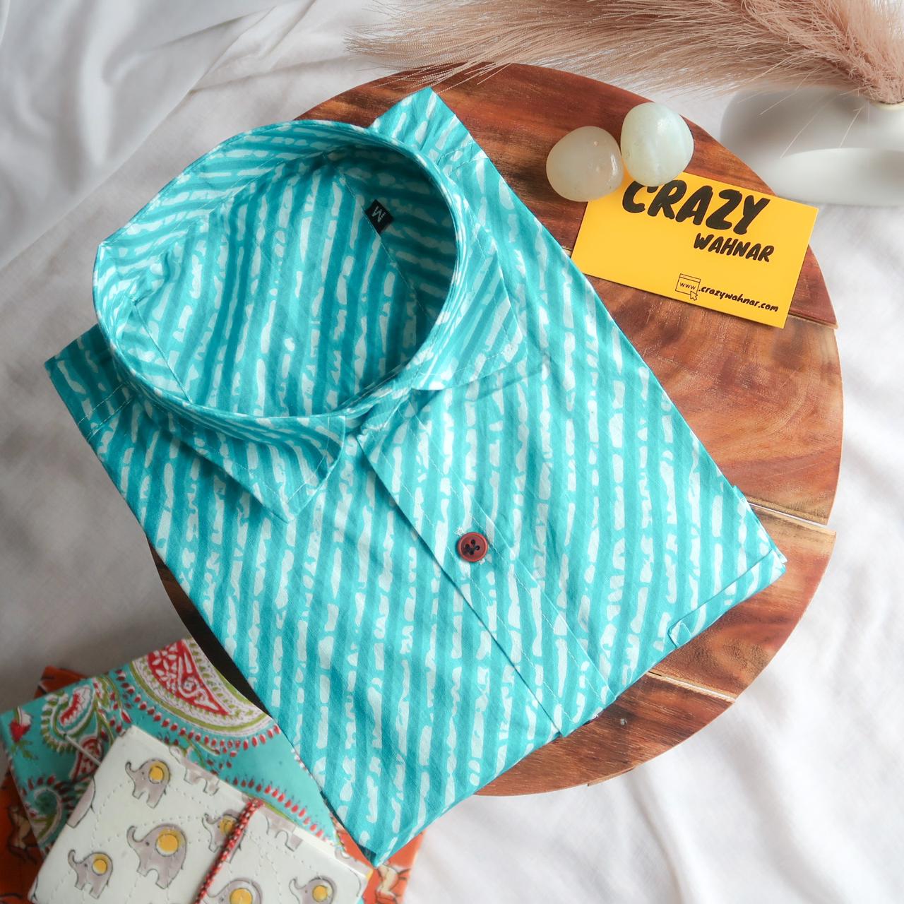 Blue & White Leheriya Waves Short Sleeve Shirt