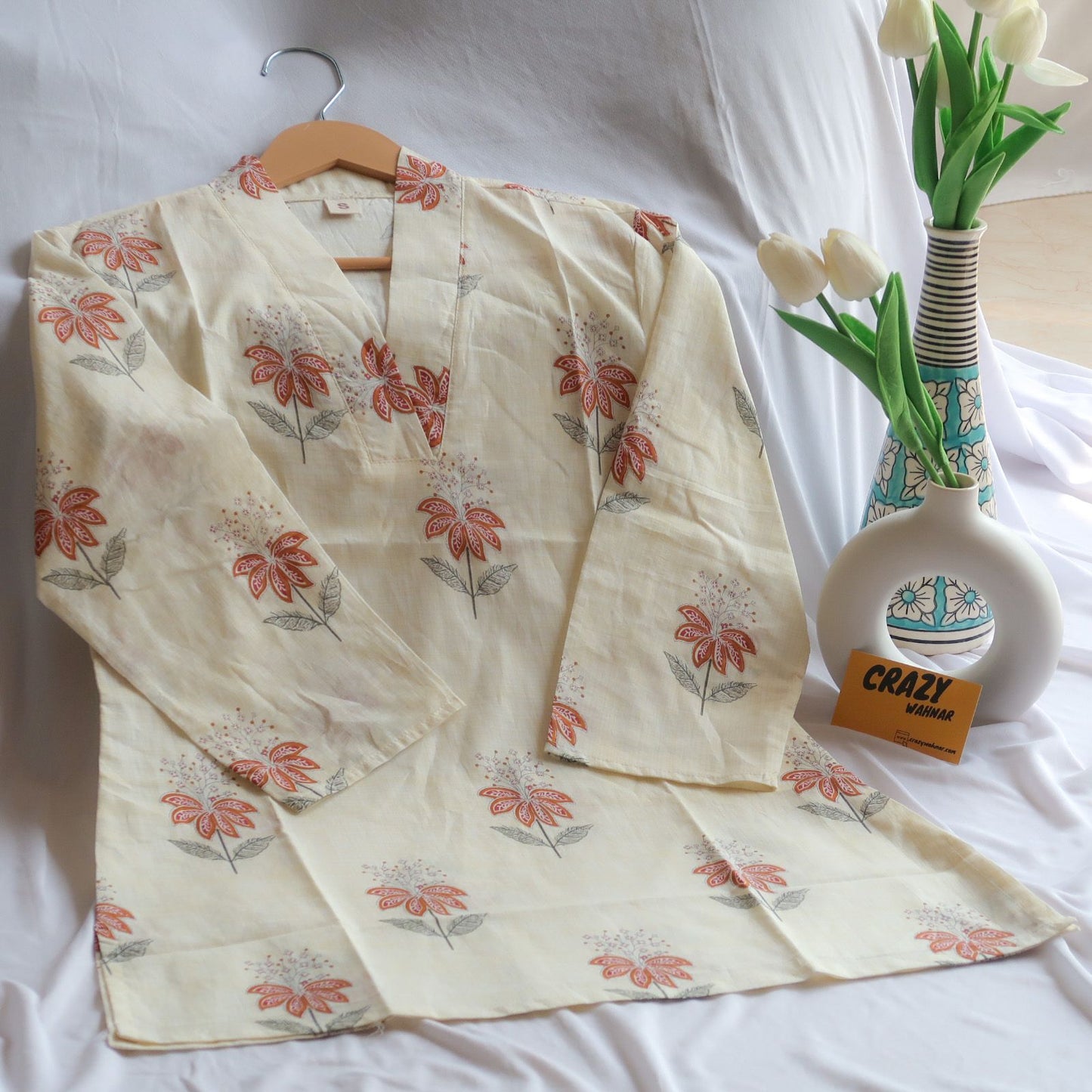 Creamy Beige V-Neck Short Kurti