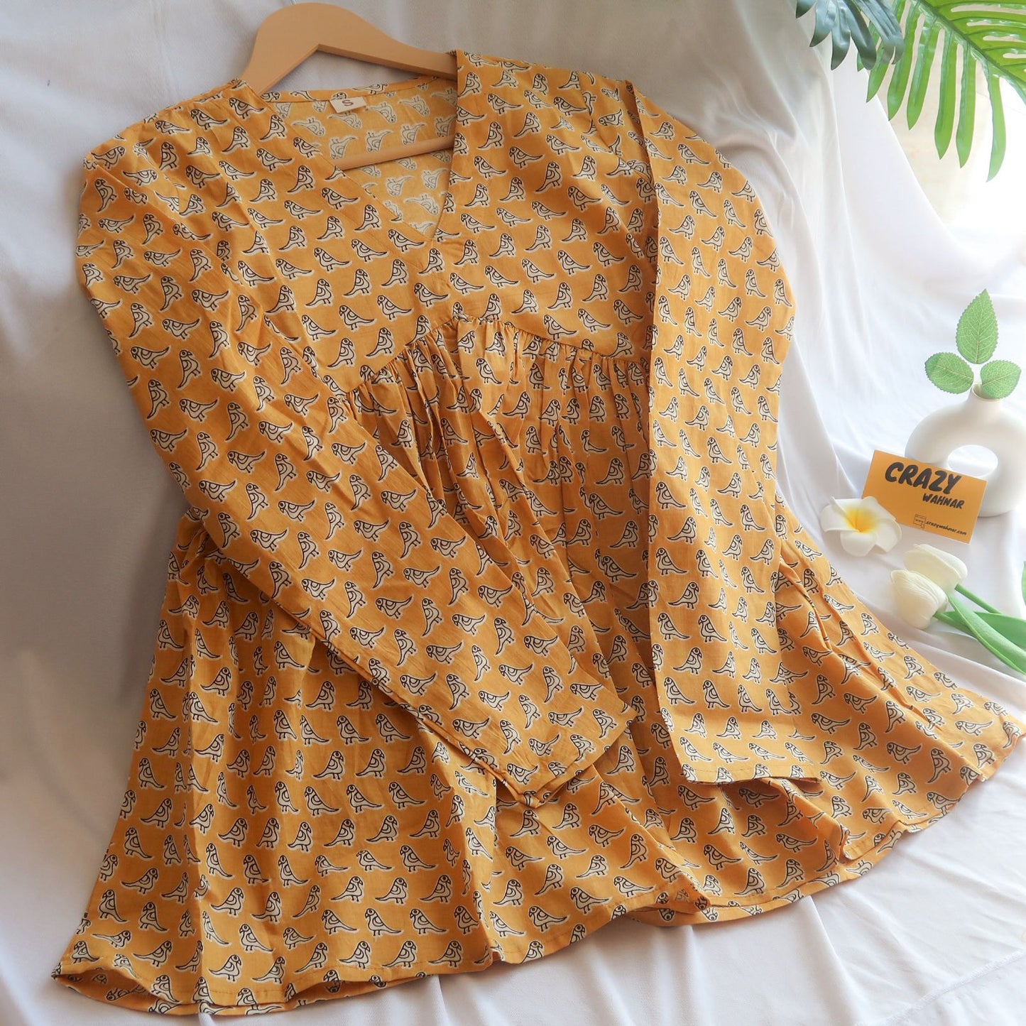 Whimsical Wings Mustard Peplum Top Full Sleeves Short Kurti