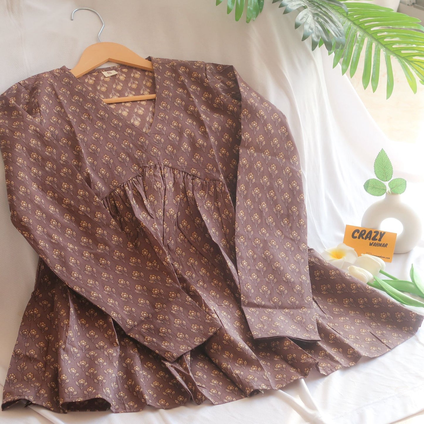 Chocolate Petal Charm Peplum Top Full Sleeves Short Kurti