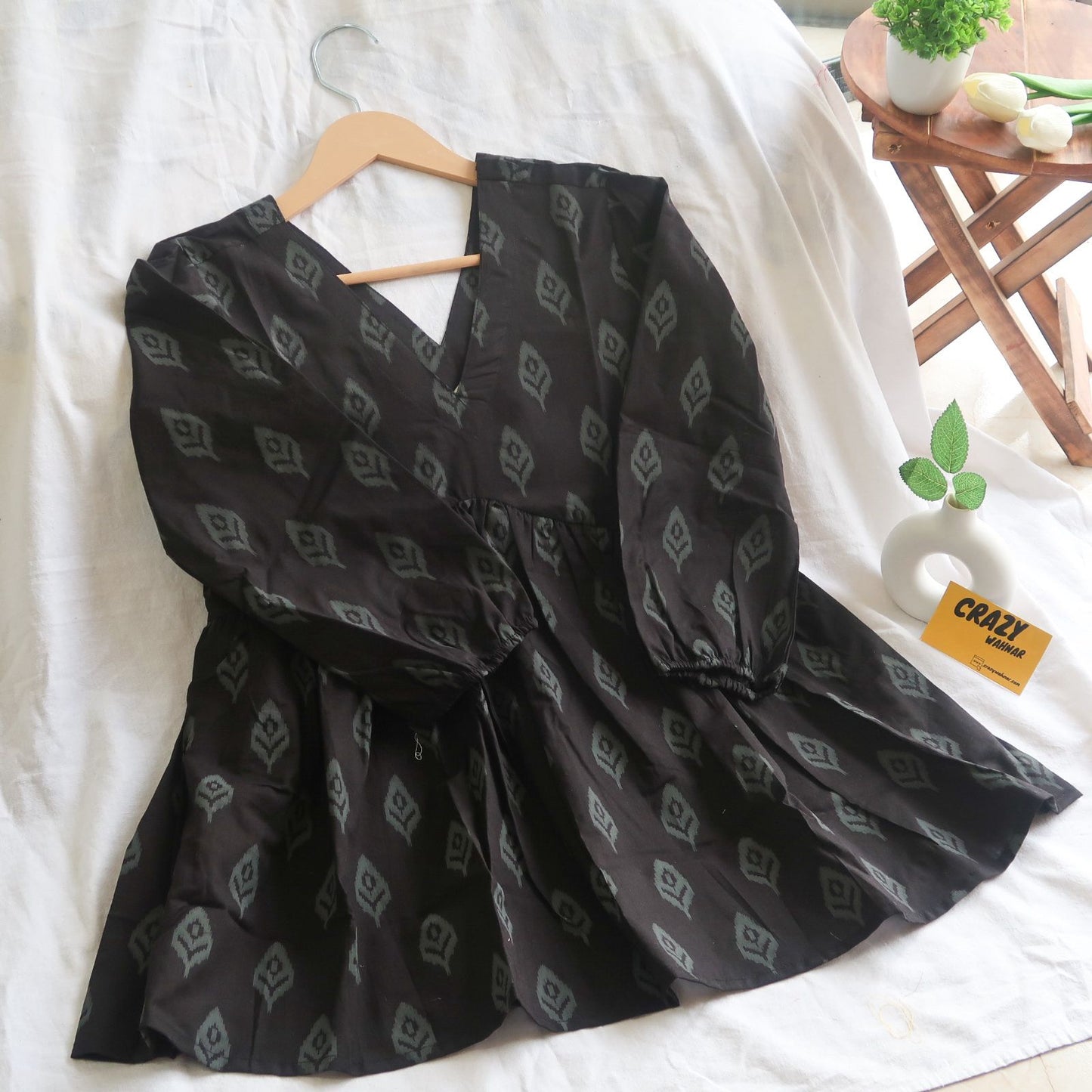 Classy Leafy Black Peplum Top Short Kurti