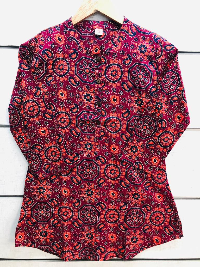 Red Ajrakh Short Kurti Top