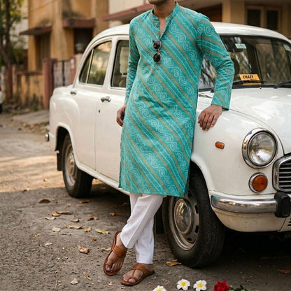 SALE: Azure Bandhej Elegance Men Long Kurta