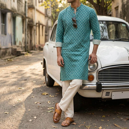 SALE: Azure Blossom Serenity Men Long Kurta