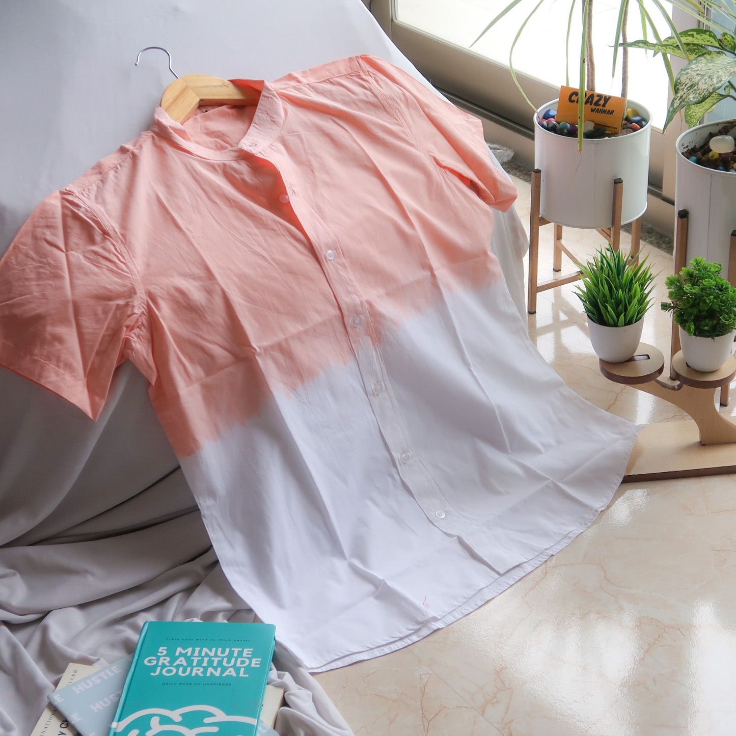 Dual-Tone Delight: Peach And White Short Sleeves Shirt