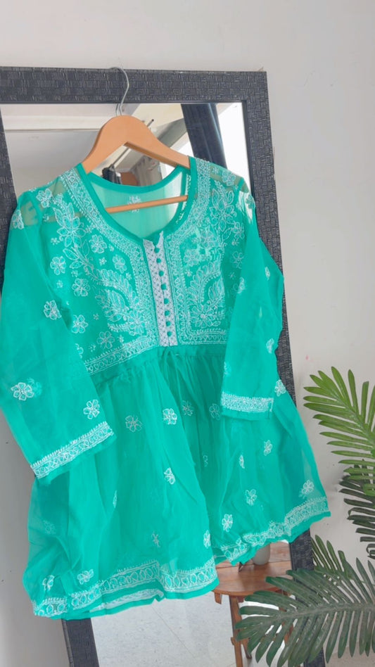 Turquoise Mojito Chikankari Short Kurti Top