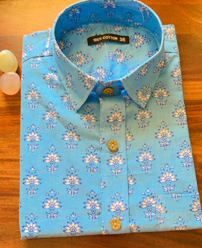 Flower Powder Blue Short Sleeve Shirt